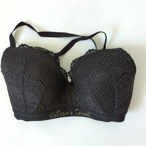 Victoria's Secret Womens Wireless Black Bra 34DDD 34F Lace Logo Band Padded